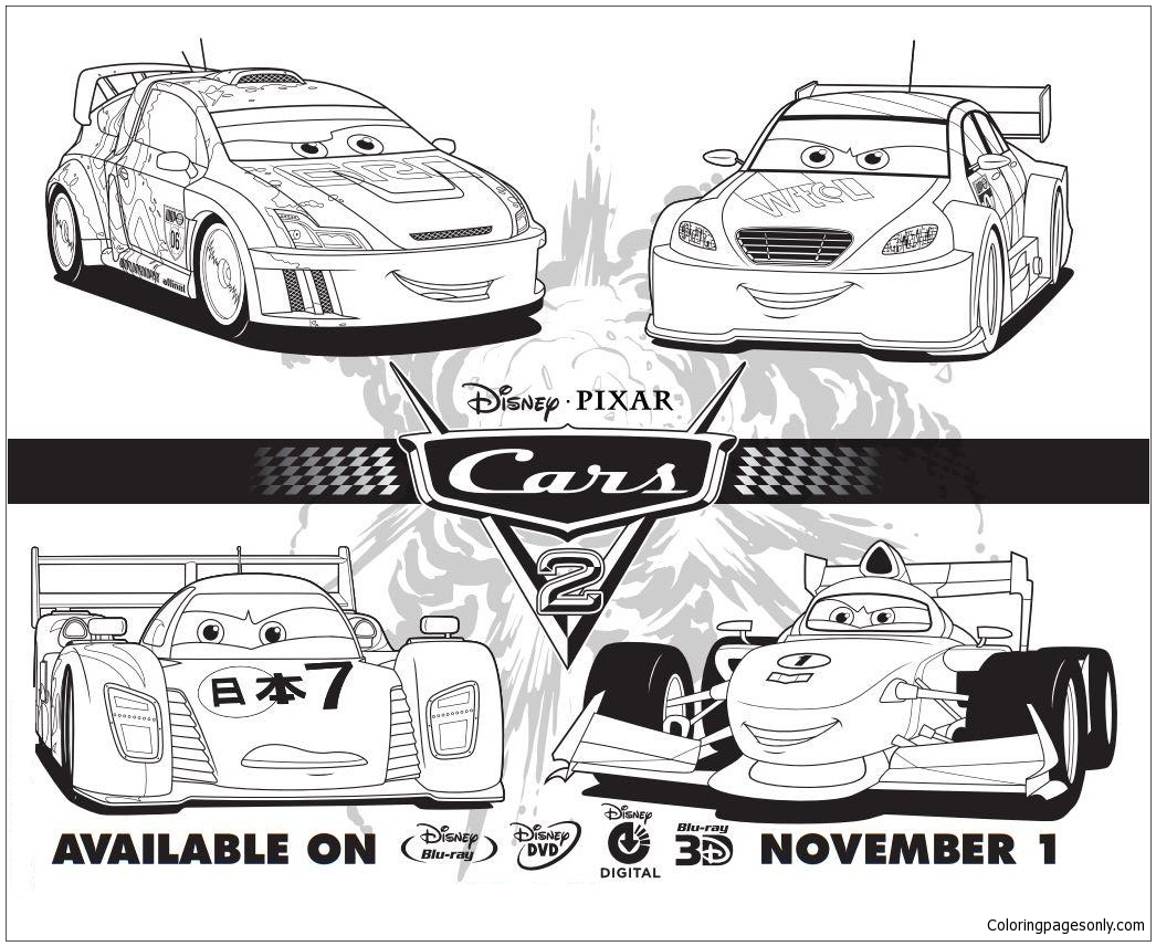 Cars 2 Disney Four Cars Coloring Page