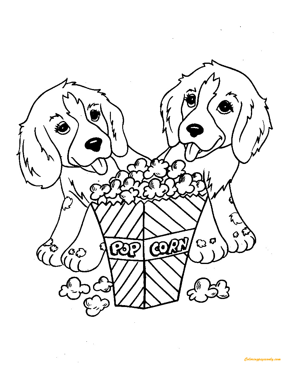 Dogs With Popcorn Coloring Page