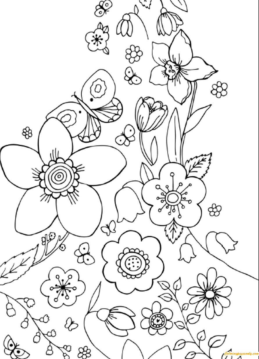 Flowers And Butterflies Spring Coloring Page