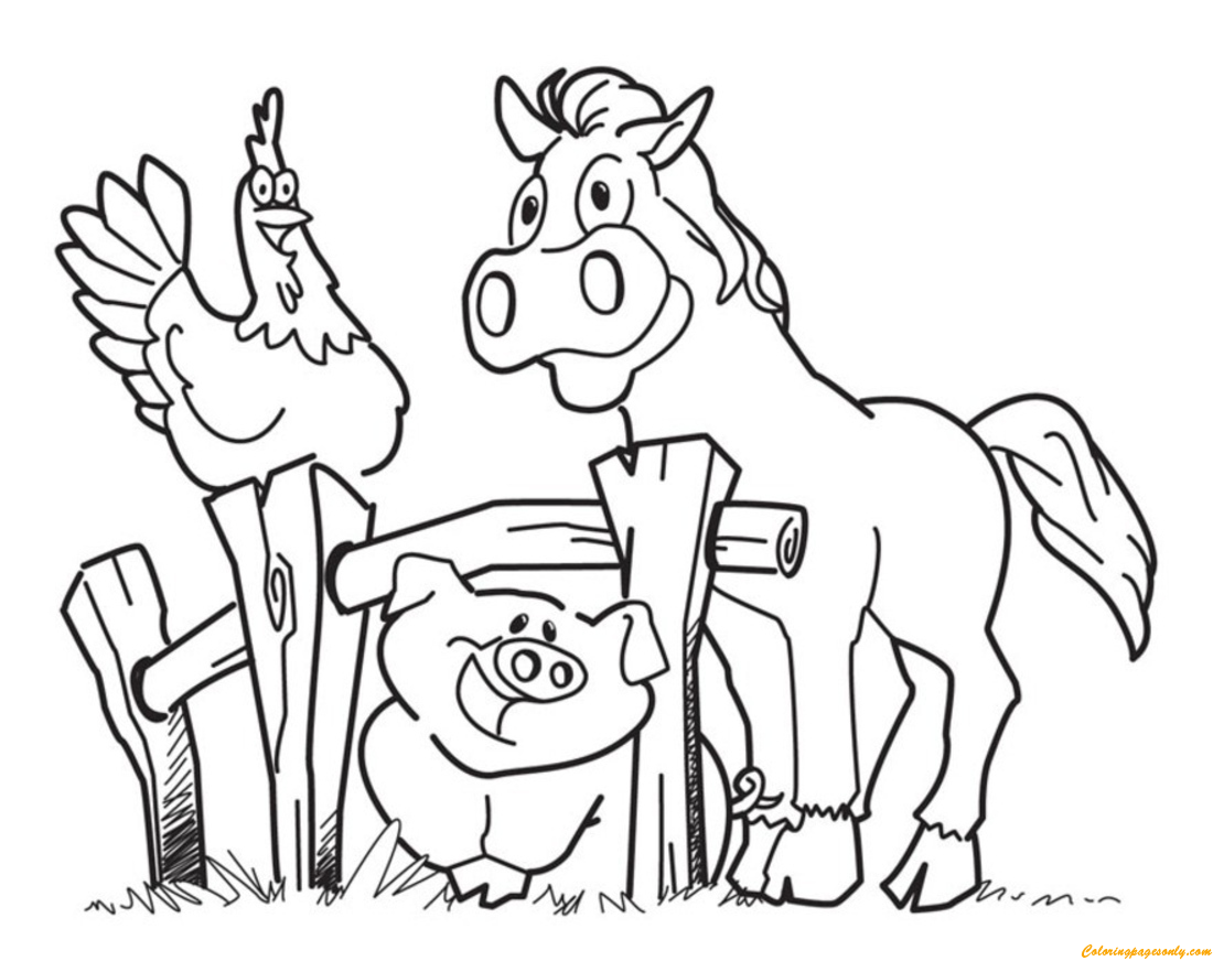 Funny Hen Horse And Pig Coloring Page