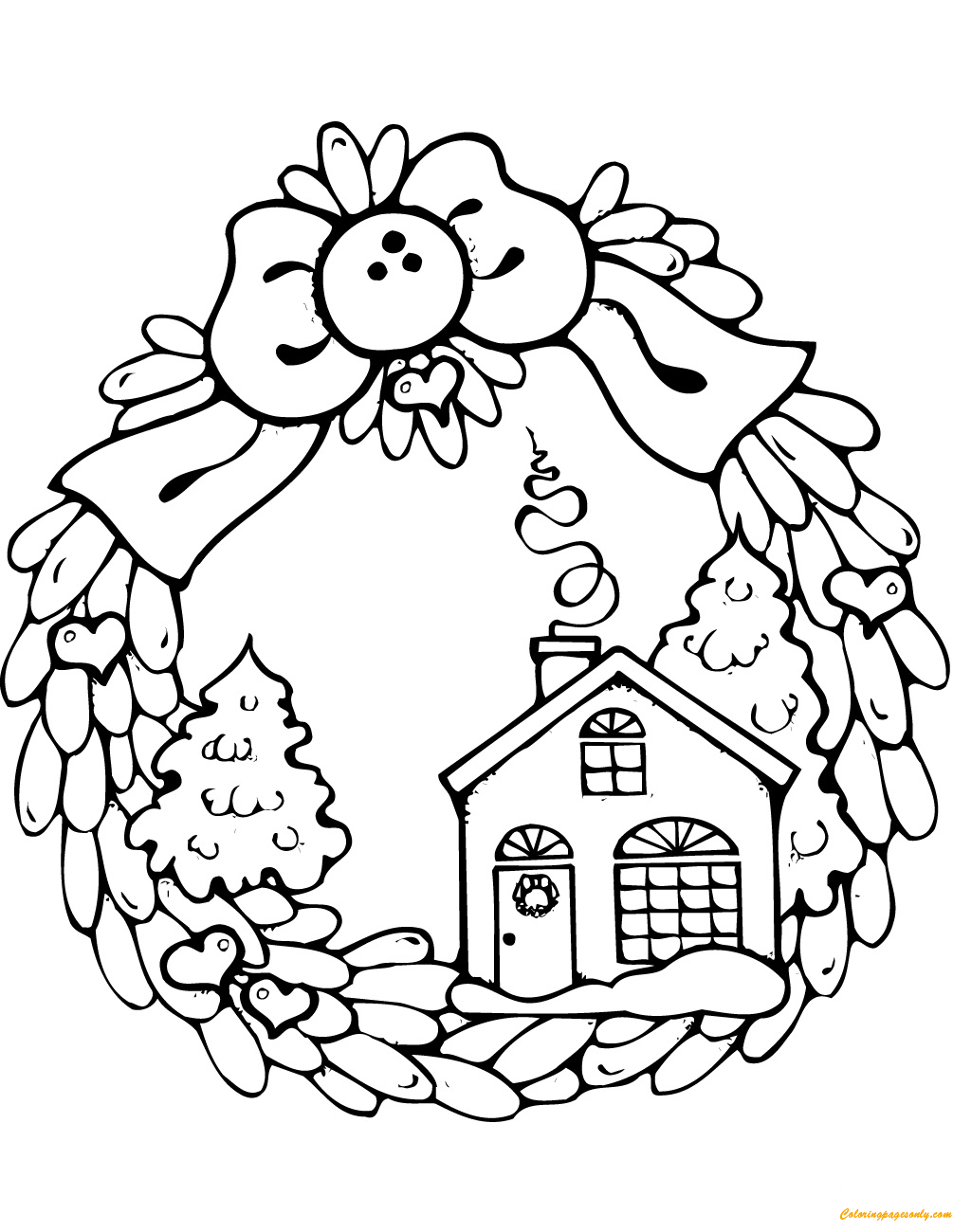 Gingerbread House Christmas Wreath Coloring Page - Free ...