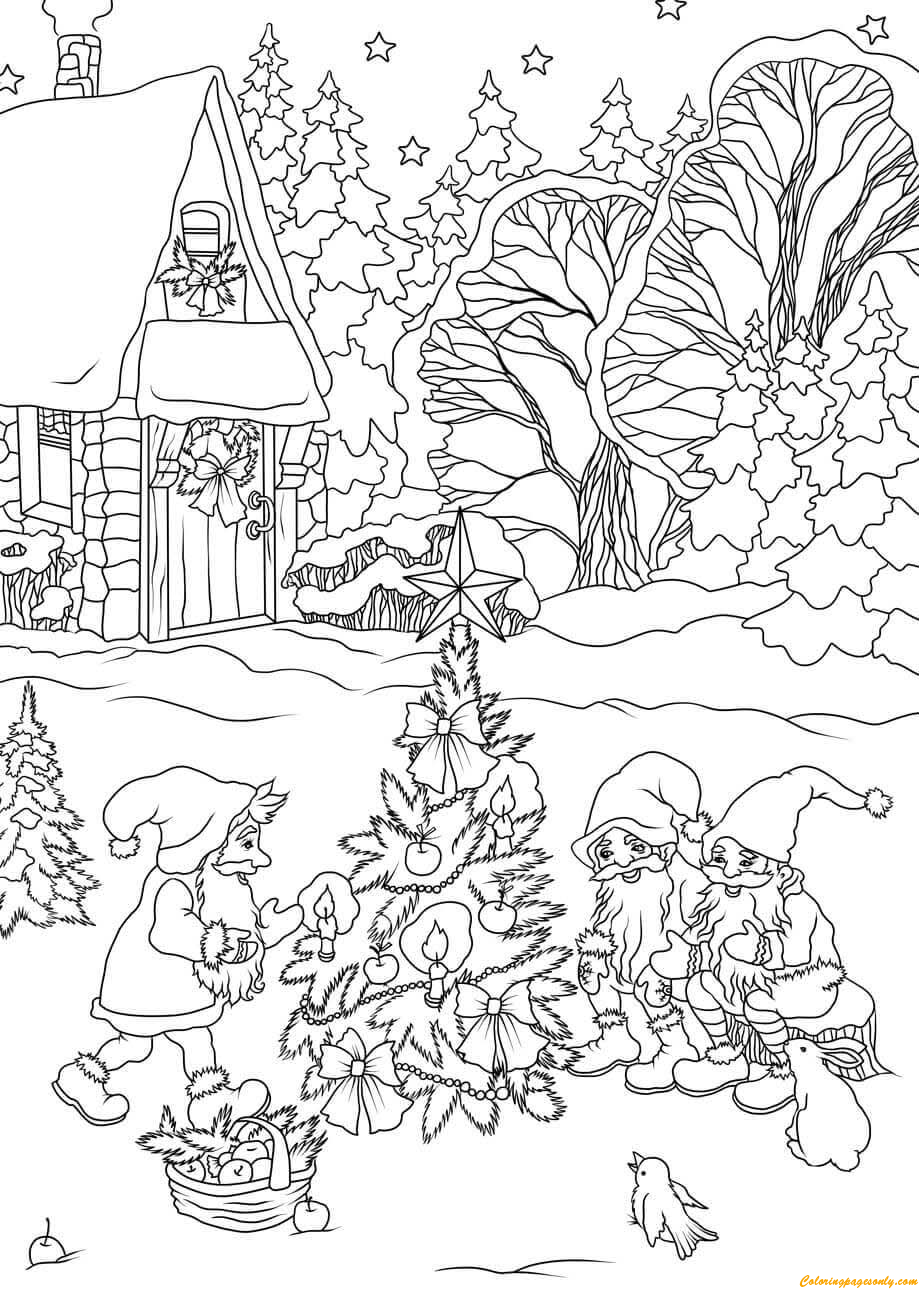 gnomes decorating a christmas tree coloring page  free