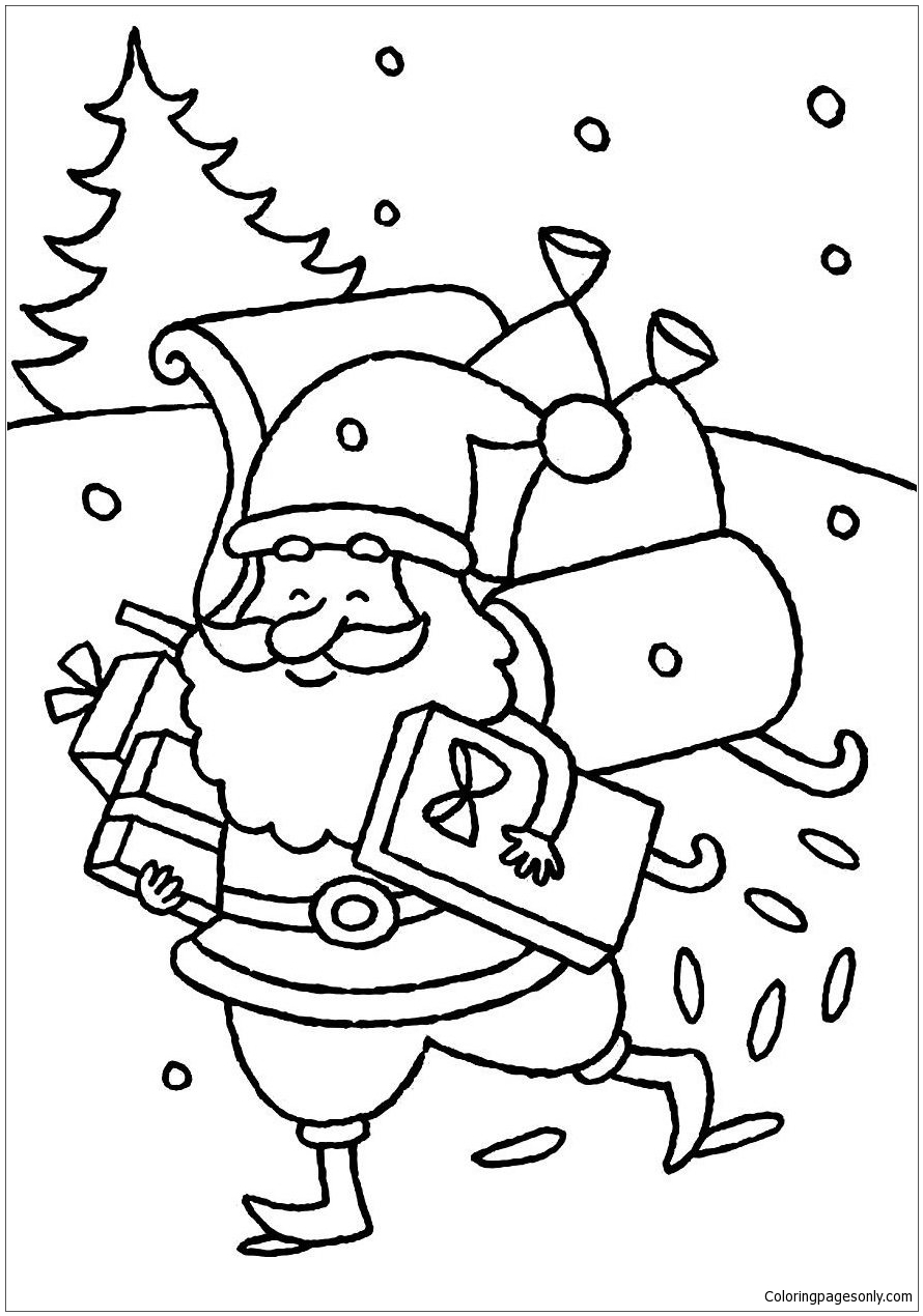 Happy Santa Claus Delivering Presents Christmas Coloring Page
