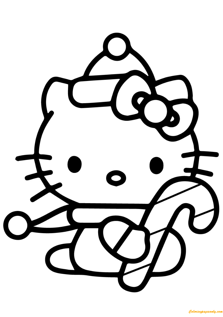Hello Kitty With Christmas Candy Cane Coloring Page