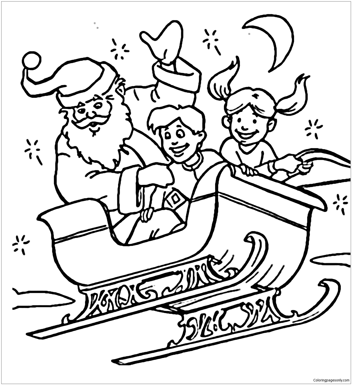 Santa Claus And Children Flying In Sleigh Coloring Page