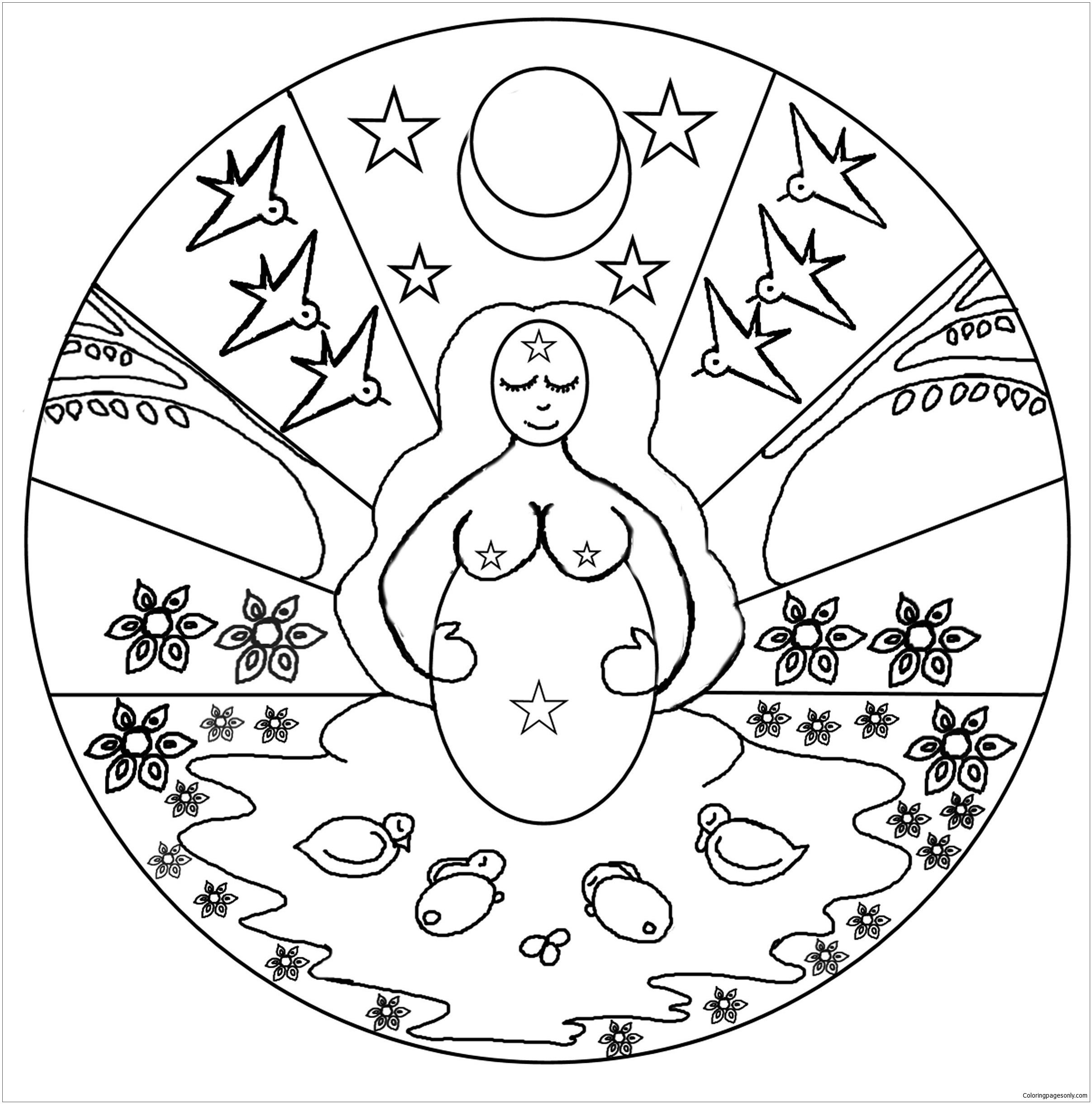 Spring Mother Goddess Mandala Coloring Page