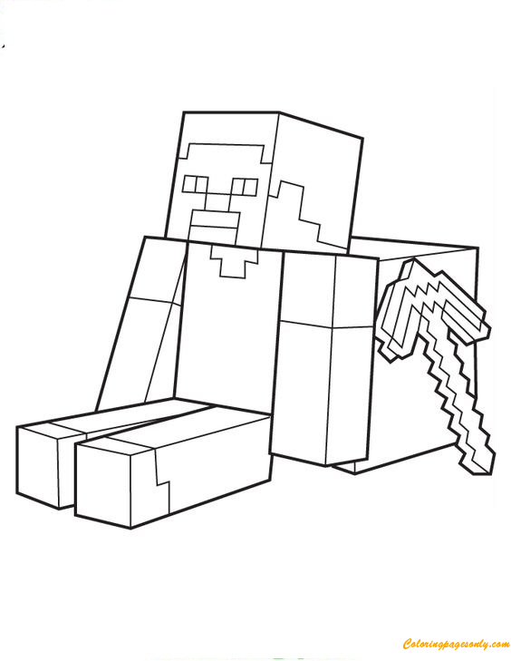 Steve Sitting With Minecraft Weapon Coloring Page Free Coloring Pages
