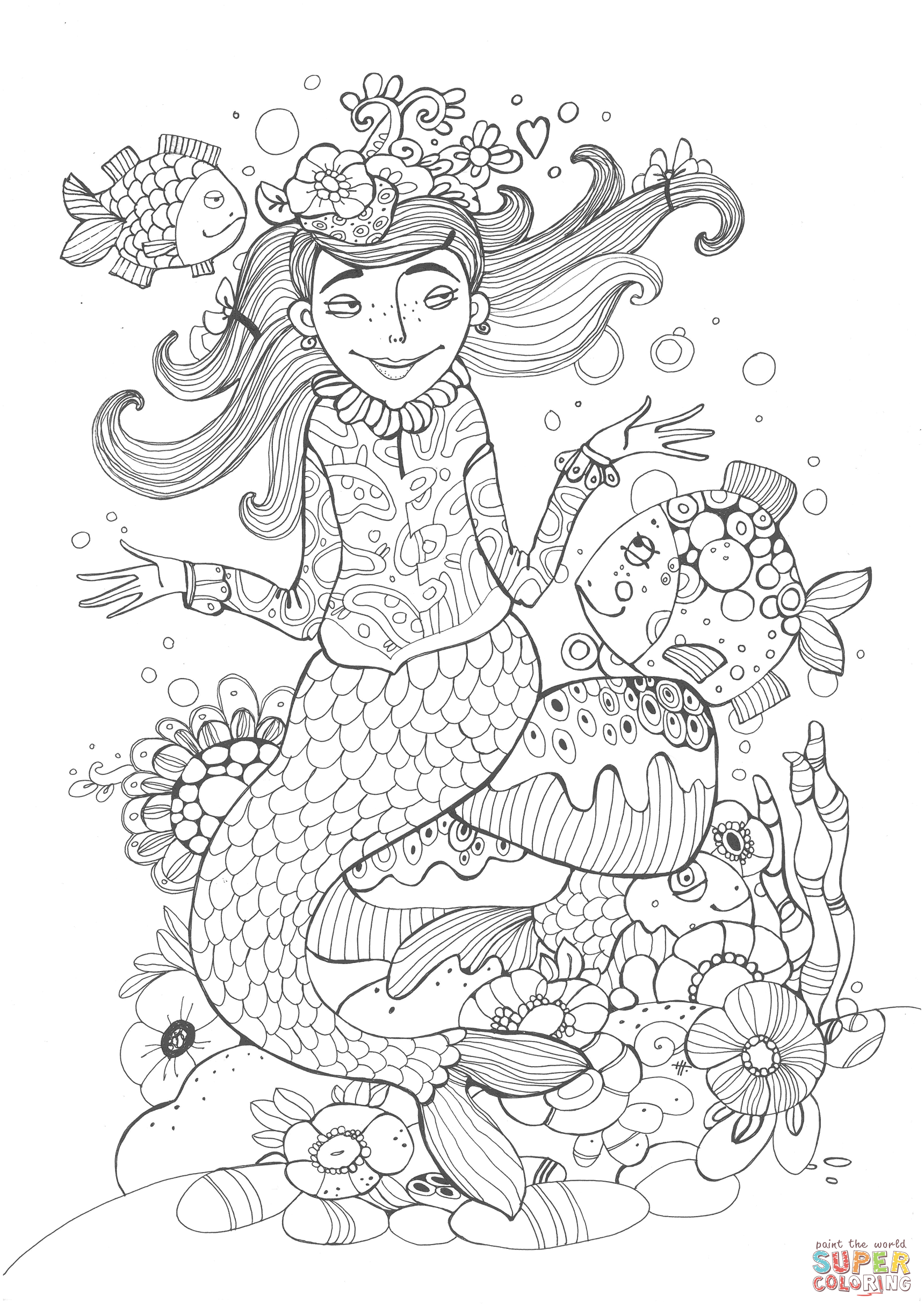 Mermaid is Talking with a Fish Coloring Books - ColoringPagesOnly.com