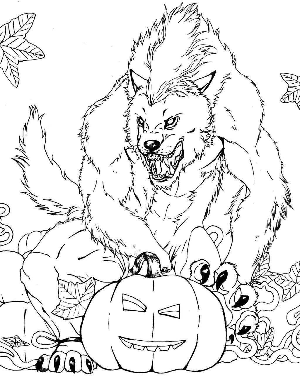 Gruselige Halloween-Werwolf-Malseite