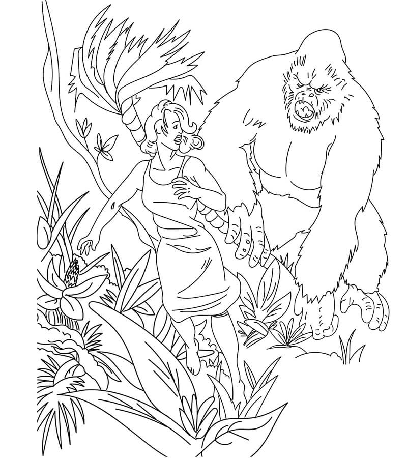 Pagina da colorare di King Kong e donna