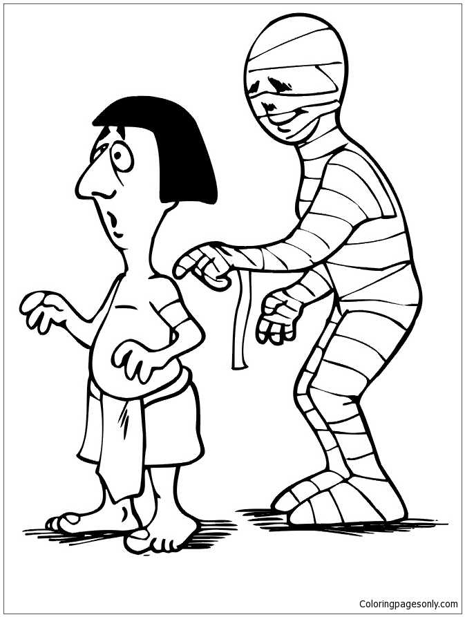 A Mummy Sneaking Up On An Egyption Man Coloring Page
