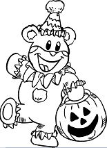 A teddy bear dressed as a clown with Halloween pumpkin Coloring Page