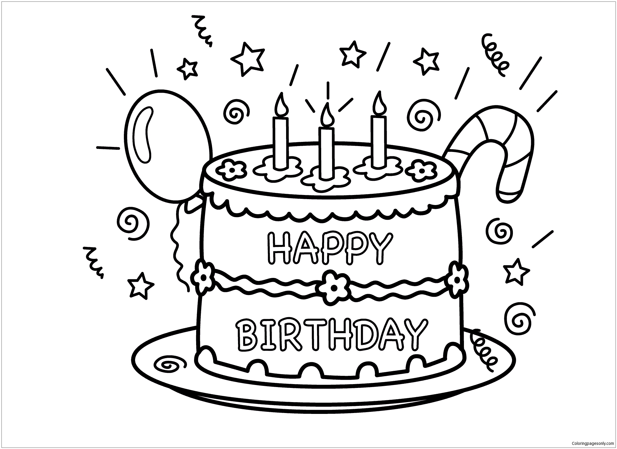 Cake Happy Birthday Party Coloring Pages - Happy Birthday Coloring