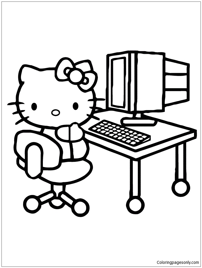Hello Kitty con su computadora de Hello Kitty