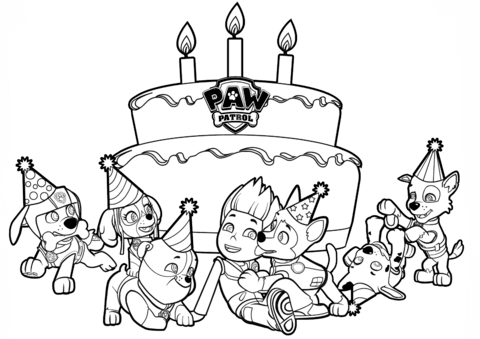 Coloriage Paw Patrol avec fête d'anniversaire