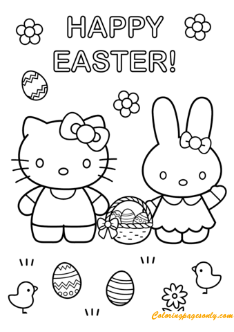 Hello Kitty And Bunny Happy Easter Coloring Pages