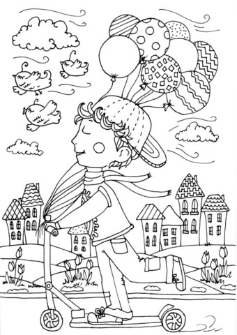 Peter Slide on a Scooter in April Coloring Page