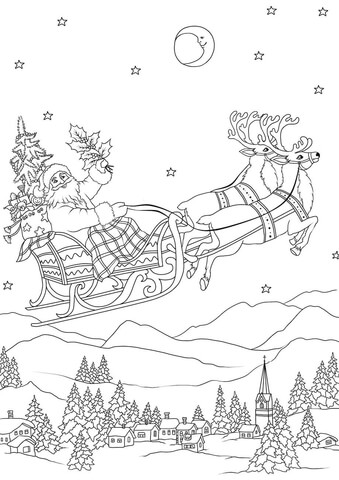 Santa Flying with His Reindeers on Sleigh at Night Coloring Pages