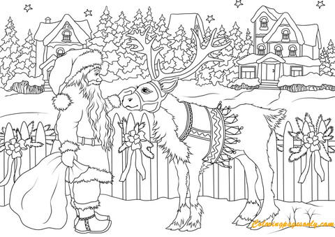 Santa Claus and Deer Christmas Coloring Pages