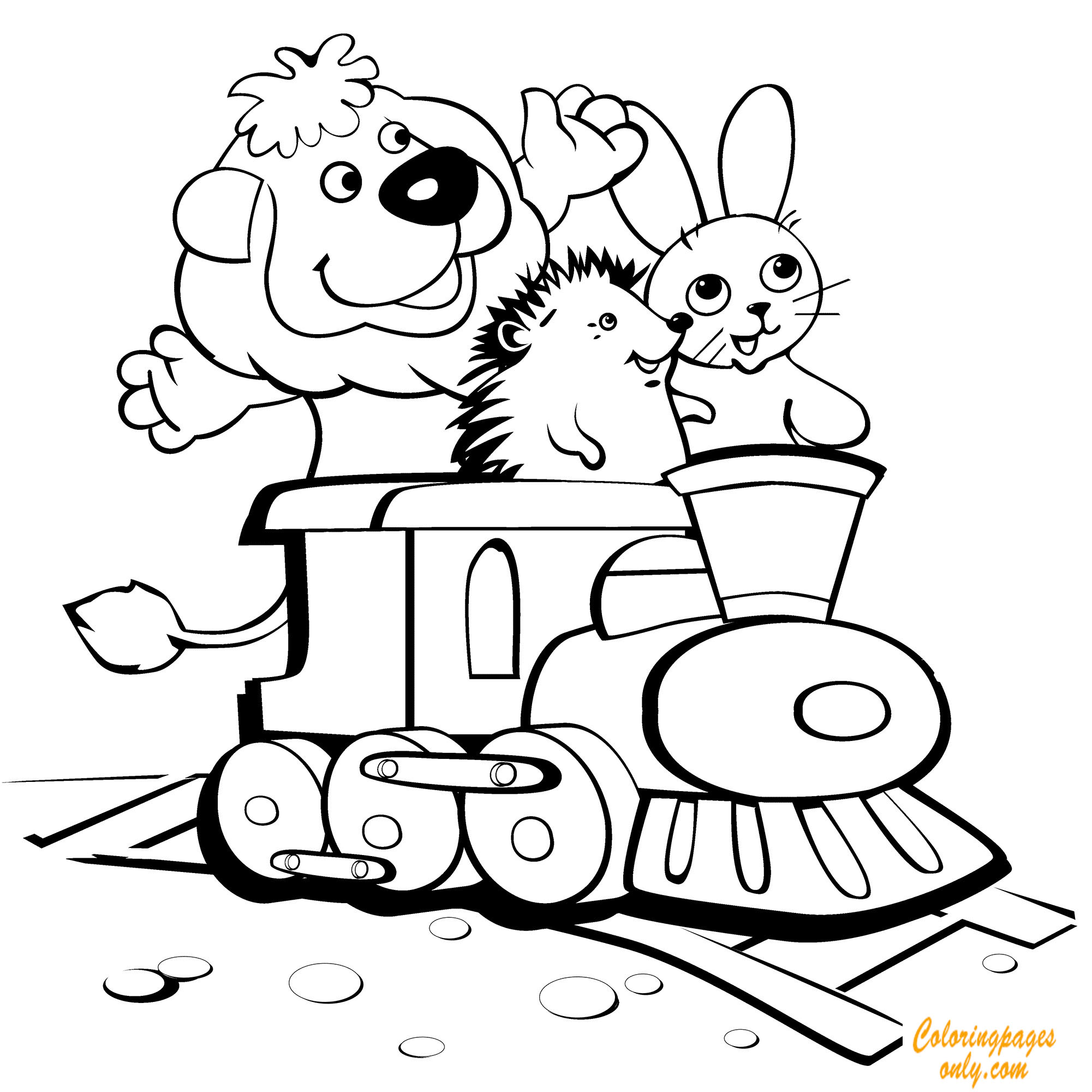 Lion, Hedgehog And Rabbit On The Train Coloring Pages