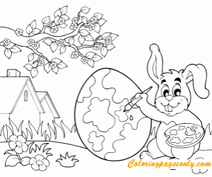 一只兔子用复活节彩蛋准备复活节