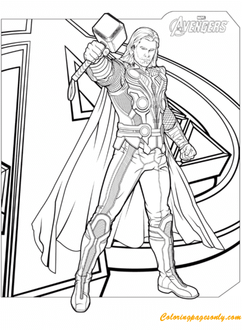 Avengers Thor with Hammer Mjolnir Coloring Page Free