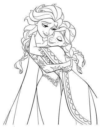 Dibujo para colorear de Elsa y Anna abrazándose