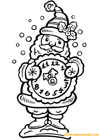 Santa With A Clock Coloring Pages