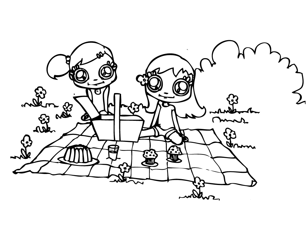 Two Cute Girls Having Picnic Coloring Pages