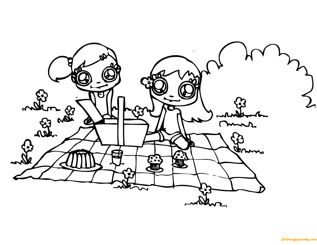 Two Cute Girls Having Picnic Coloring Pages - Nature & Seasons Coloring