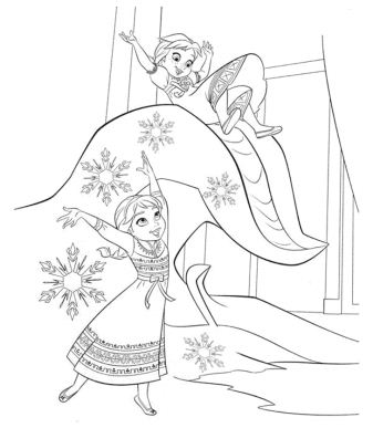 Anna and Elsa playing in a winter wonderland Coloring Pages