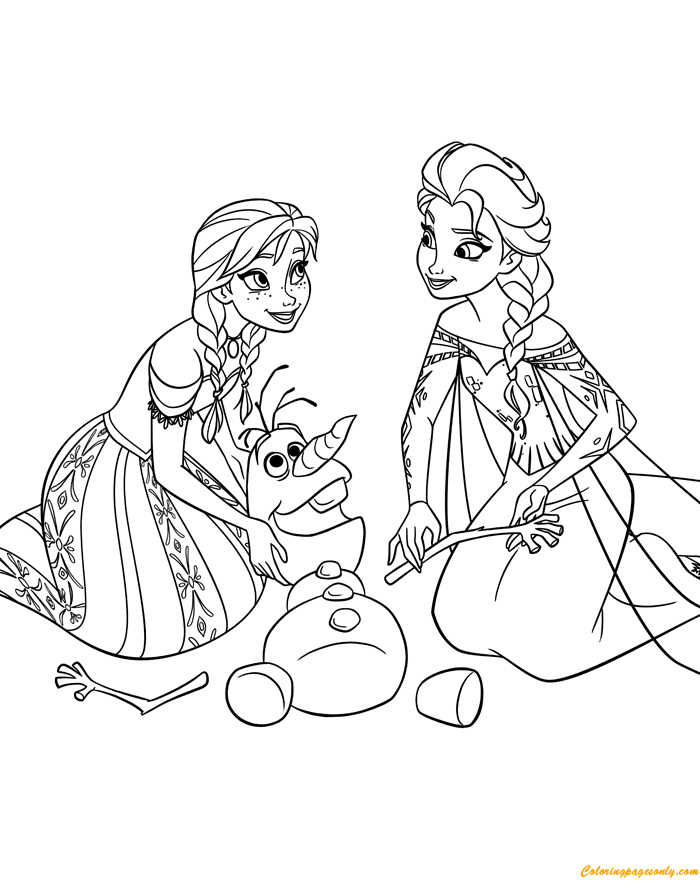 Anna y Elsa reorganizando las partes nevadas del cuerpo de Olaf de Olaf