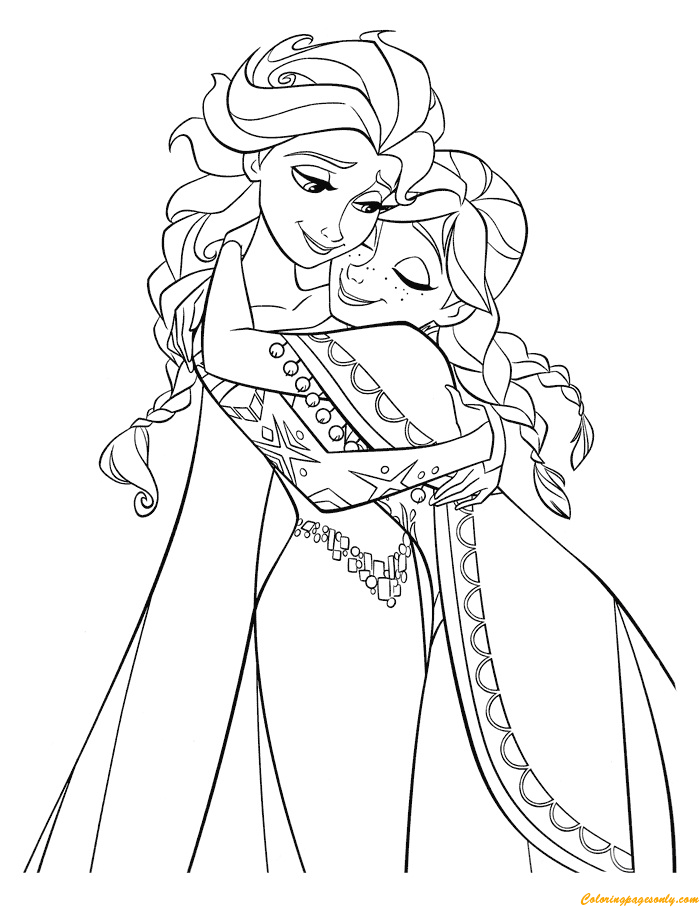 Desenho de Elsa e Anna se abraçando para colorir