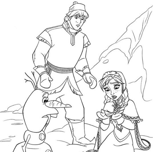 desenho de Anna, Kristoff e Olaf no gelo para colorir