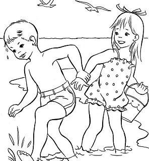 Een jongen en een meisje spelen strandgolf Kleurplaat