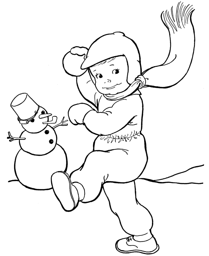 A boy and A Snowman Play With Snowballs Coloring Pages