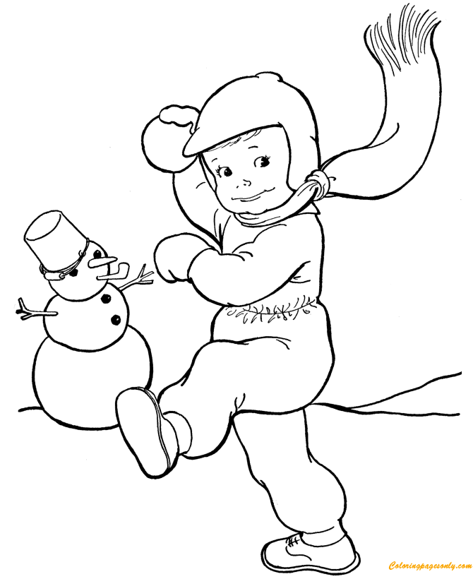 A boy and A Snowman Play With Snowballs Coloring Page