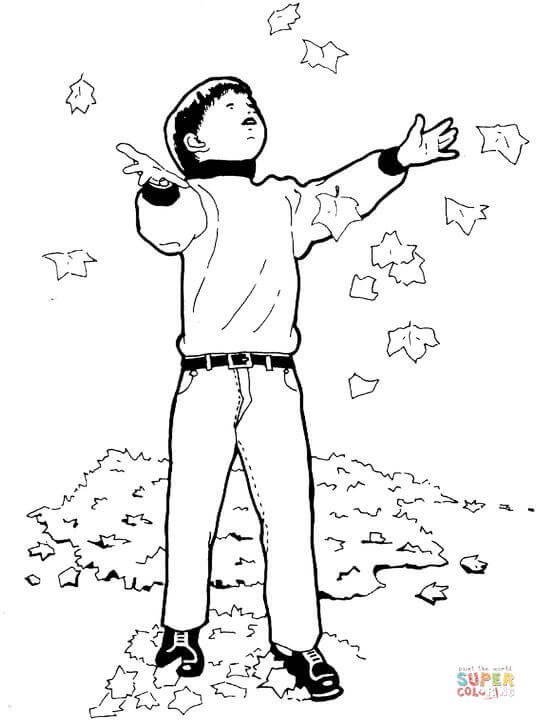 A boy is playing with falling leaves in the Fall Coloring Pages