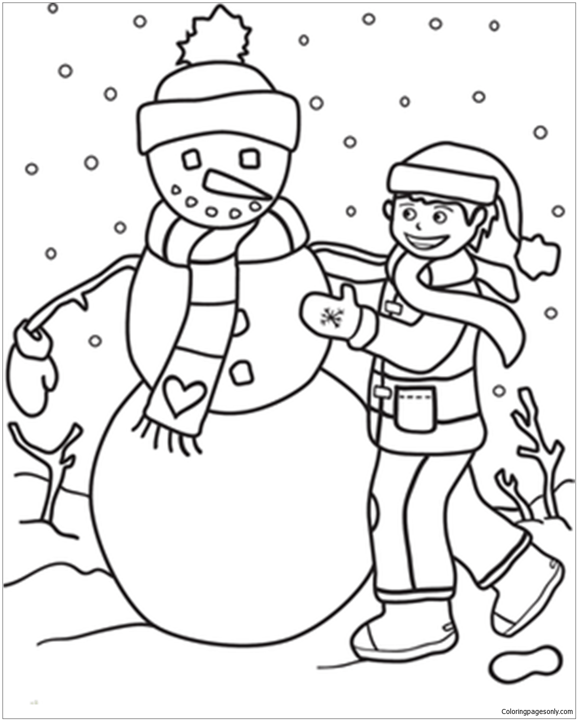 A Boy Making Snowman Coloring Pages - Winter Coloring Pages - Coloring