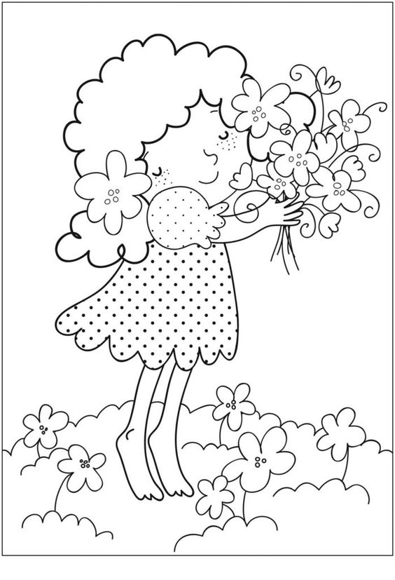 A Cute Girl And Spring Bouquet Coloring Page