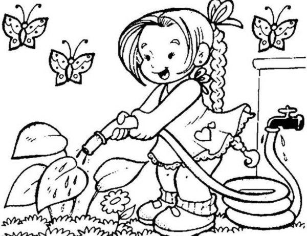 A Cute Girl Watering Flowers Coloring Pages