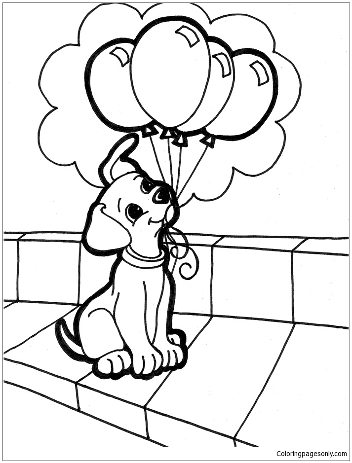 A Cute Puppy Holding Balloons Coloring Page