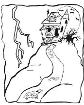 A Decrepit House With Bats On A Hill Coloring Page
