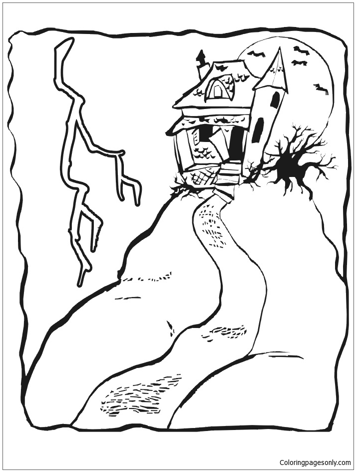 A Decrepit House With Bats On A Hill Coloring Pages