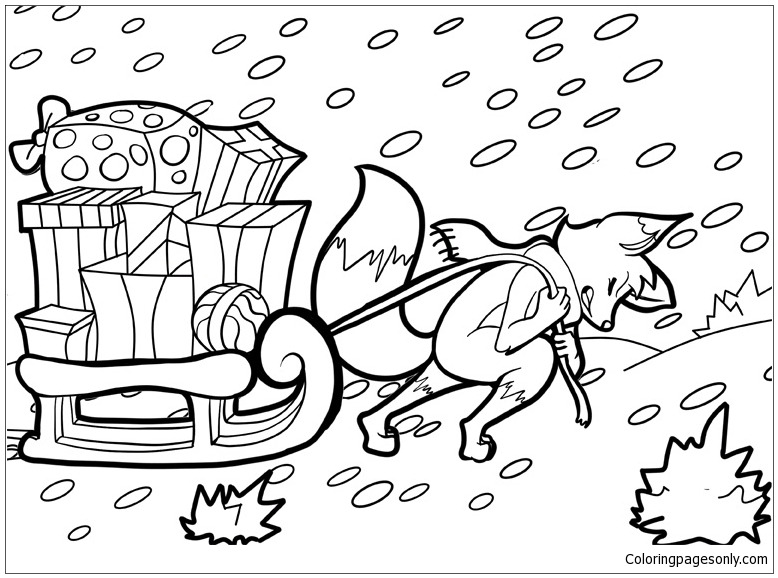 A fox draws a sleigh full of Christmas presents Coloring Page