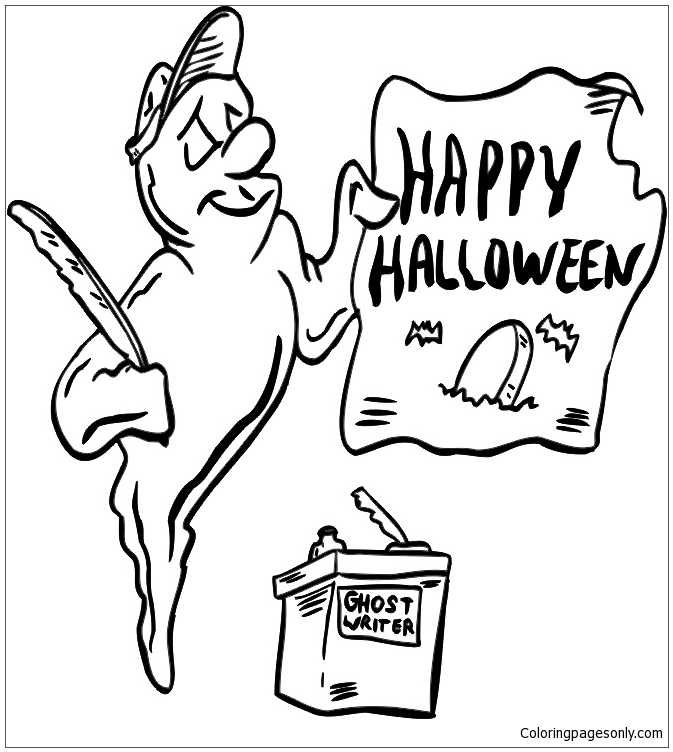 Un fantasma che tiene il cartello di Happy Halloween dei mostri di Halloween