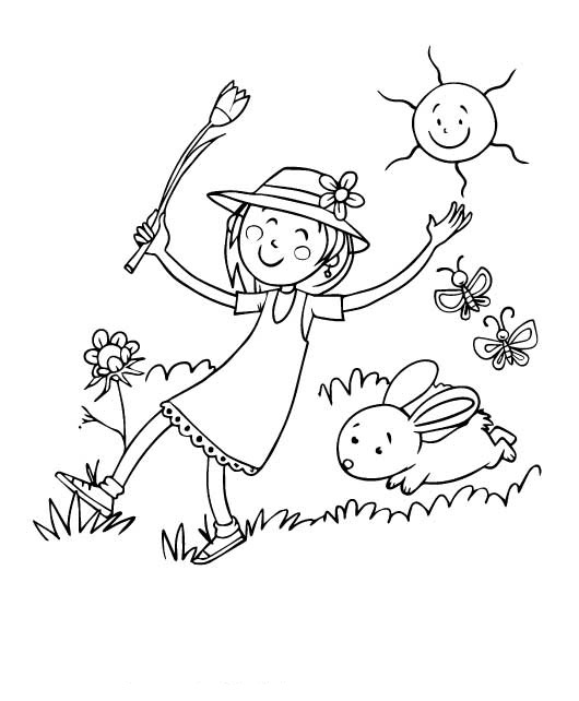 Desenho para colorir de uma menina e um coelho brincando lá fora