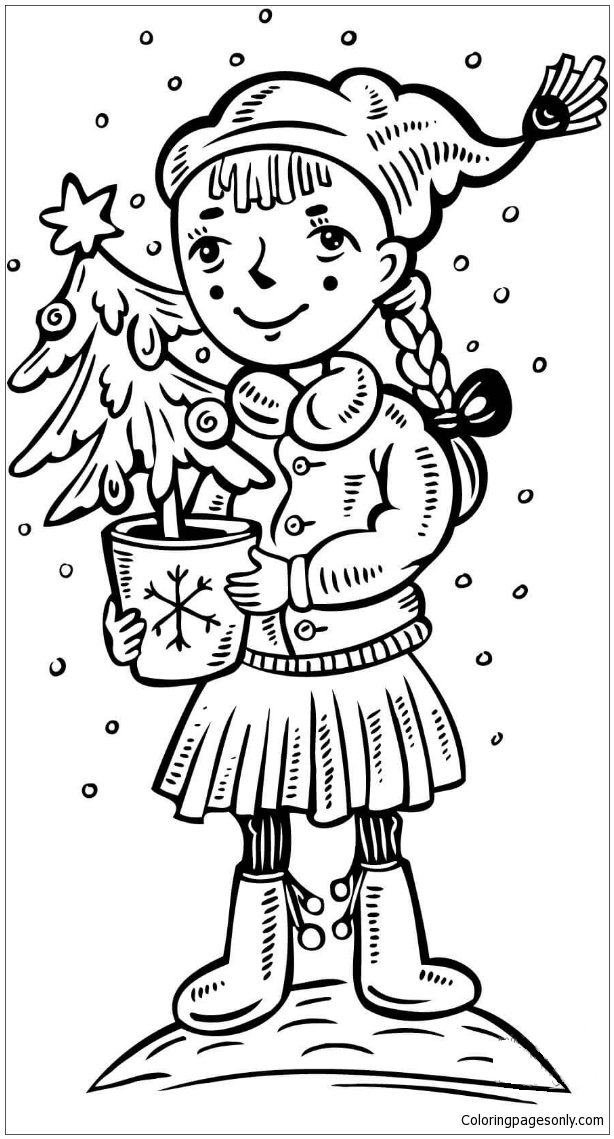 فتاة مع صفحة تلوين شجرة عيد الميلاد