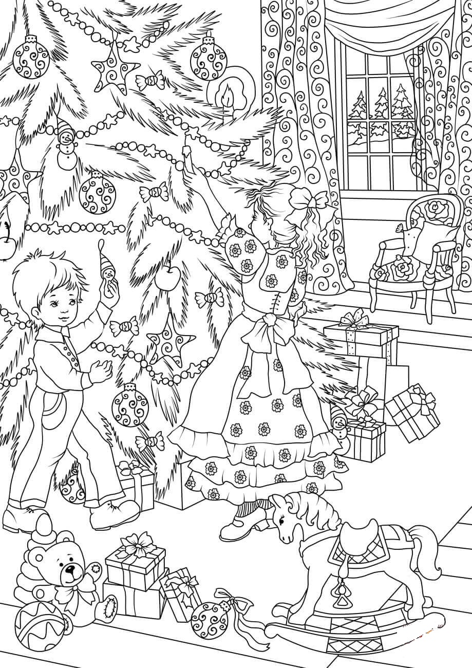 A Little Brother and Little Sister Decorating the Christmas Tree Coloring Pages