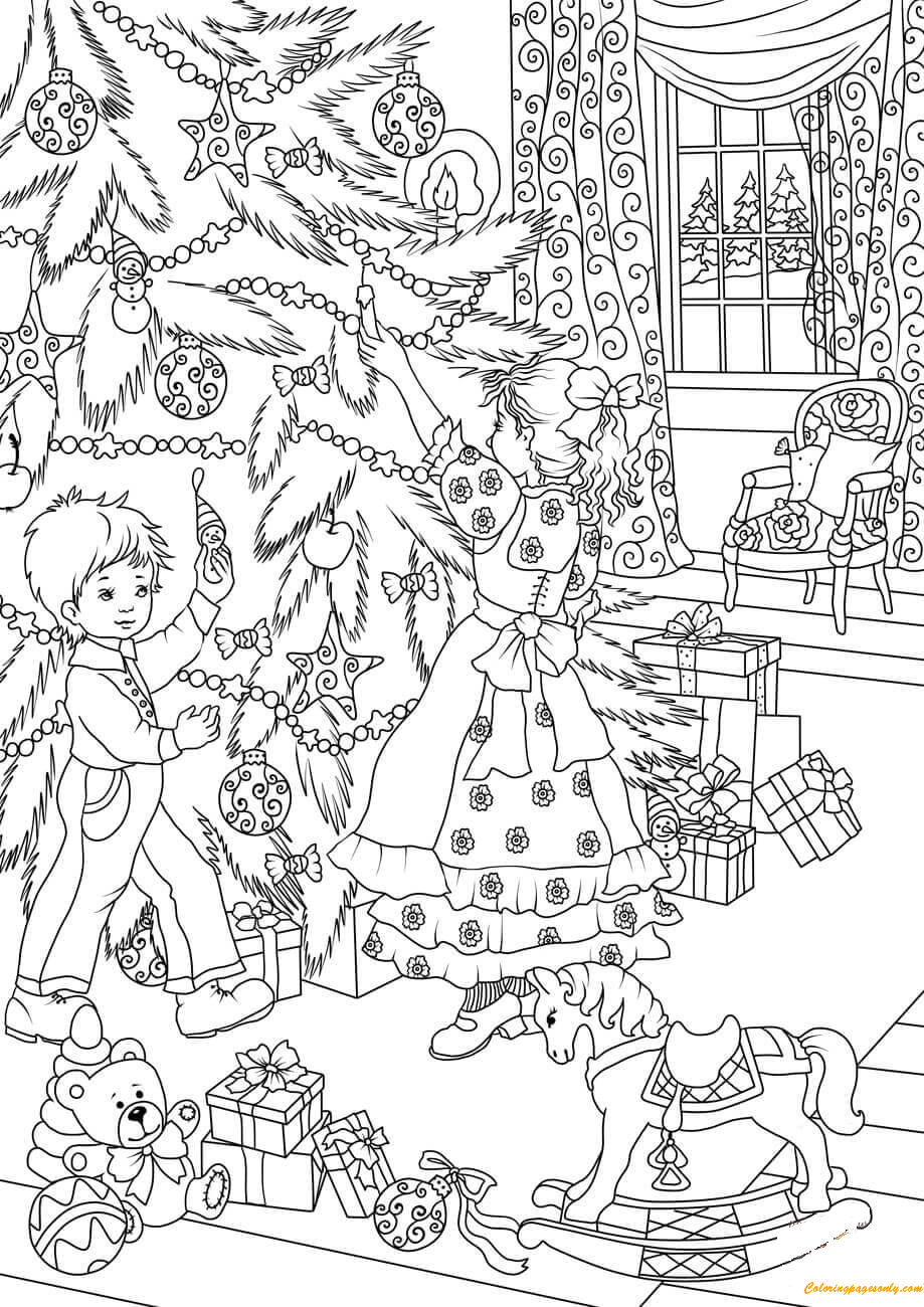 Un hermanito y una hermanita decorando el árbol de Navidad de la Navidad de 2023
